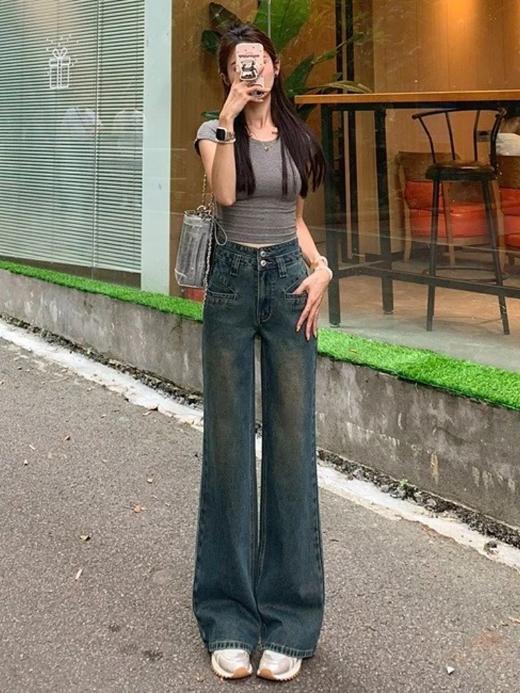 

Облегающие джинсы-колокольчики с высокой талией, женские винтажные свободные расклешенные брюки, осенняя коллекция, повседневные свободные джинсы