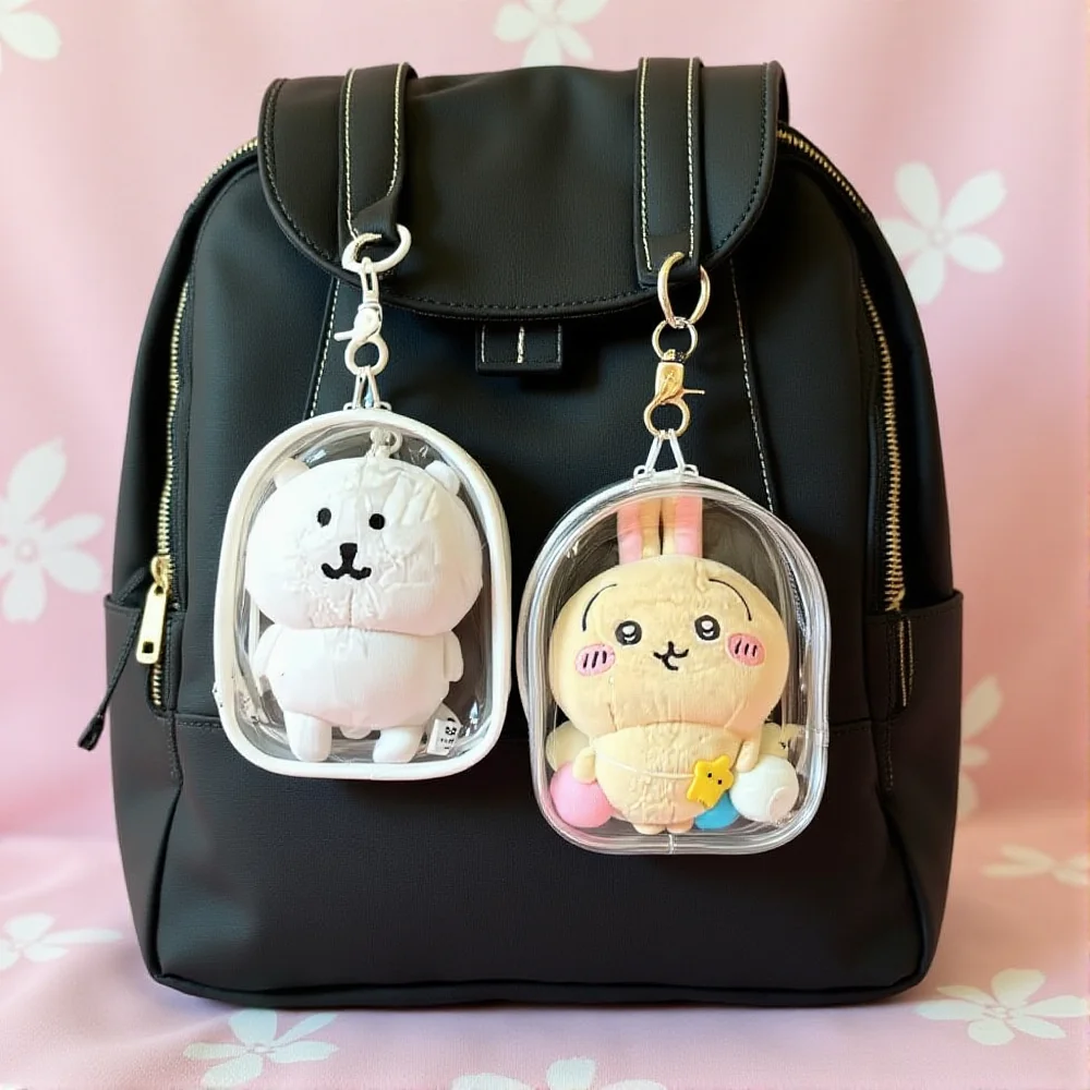 12cm PVC Transparent Storage Bag with Keychain Multicolor Cartoon Doll Display Box Dustproof Case Earphones Gift Organizer Bags image 5