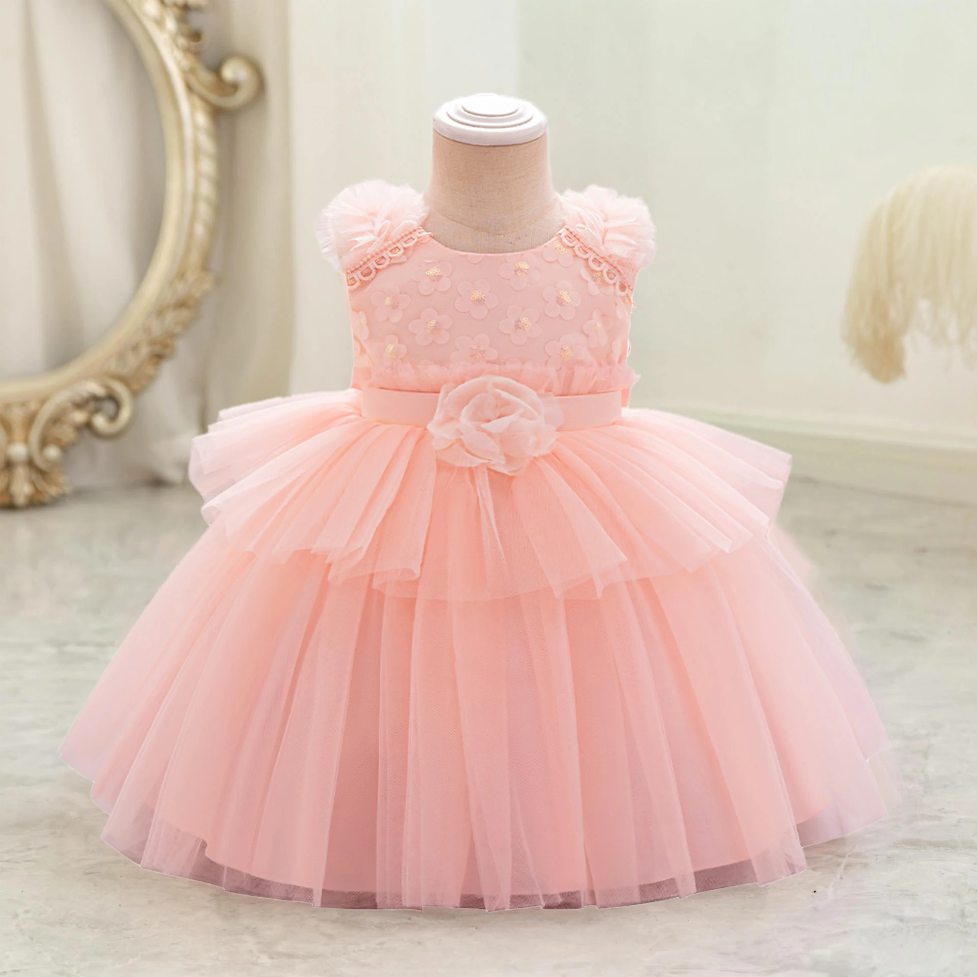 

Fluffy Flower Baby Girl Party Dress Elegant Pink Tulle Kids Clothe Toddler 1st Birthday Baptism Bridesmaid Dress Girls Prom Gown