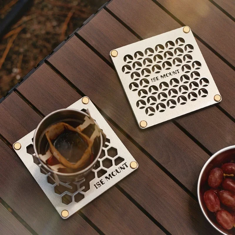 2026 Outdoor Camping Style Equipment Creative Rectangular Metal Coaster Stainless Steel Insulation Mat Tableware Holder Table Ma