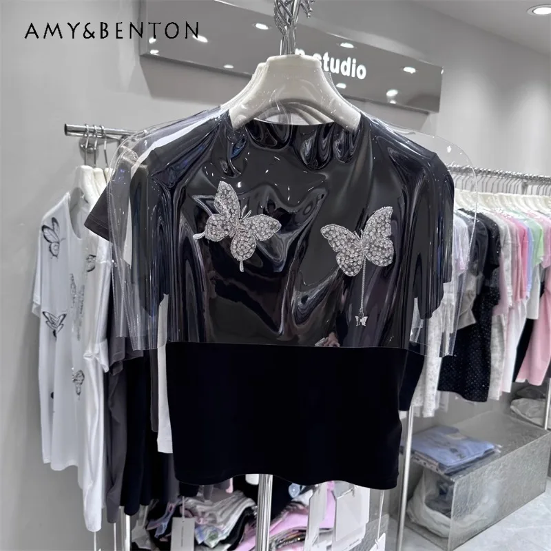 

Shoulder Short Sleeved Cotton Tight Beaded Diamond Top Tees 2024 Summer New Fashion Shirts Butterfly T-shirt For Women's Clothes