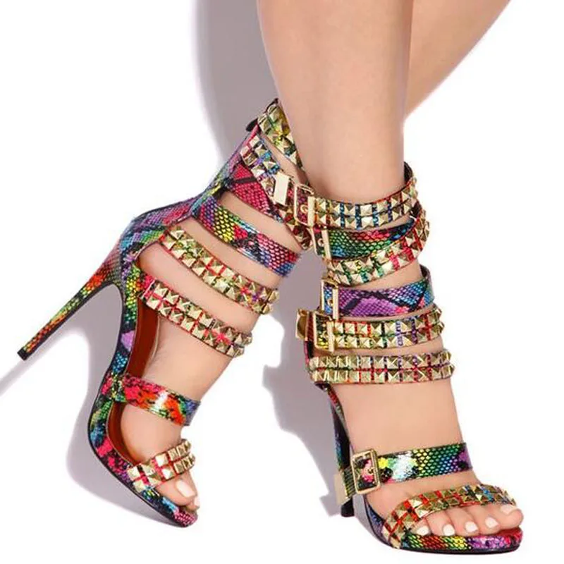 Coloful Snake Square Rivets Studs Straps Buckle Cutout Sandals Sexy Woman Peep Toe Mixed Denim Gladiator Party Sandalias Shoes