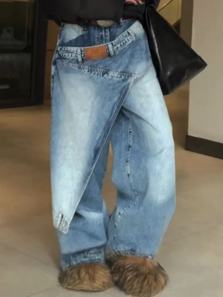 

Y2K Girls Fake Two Piece Stacked Jeans American Retro Design Loose Lazy Relaxed Feeling Floor Length Pants