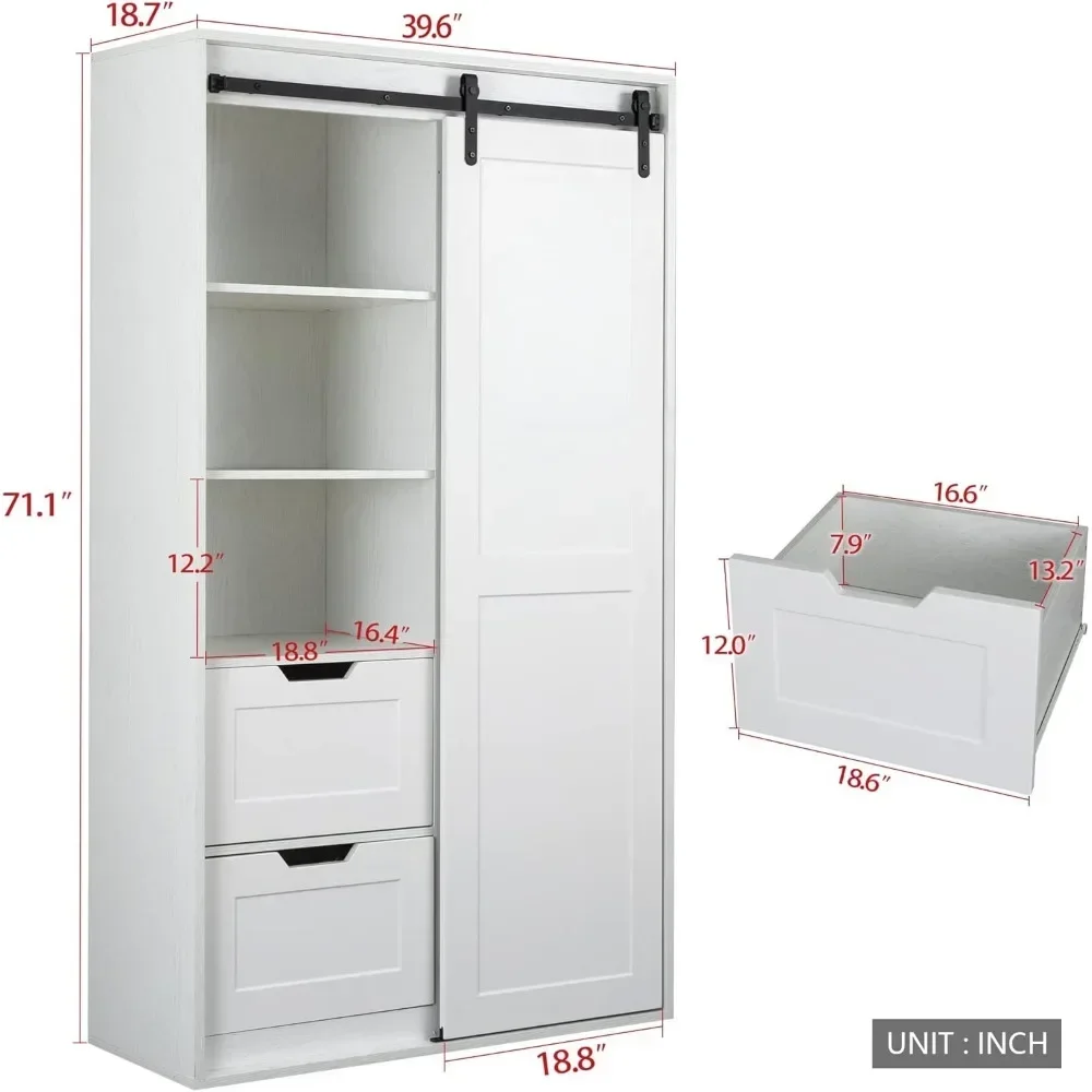 71 Inch Tall Bedroom Armoire Wardrobe Closet Clothing Storage Cabinet with Hanging Rod Barn Door Drawers Open Shelves ,Wardrobes