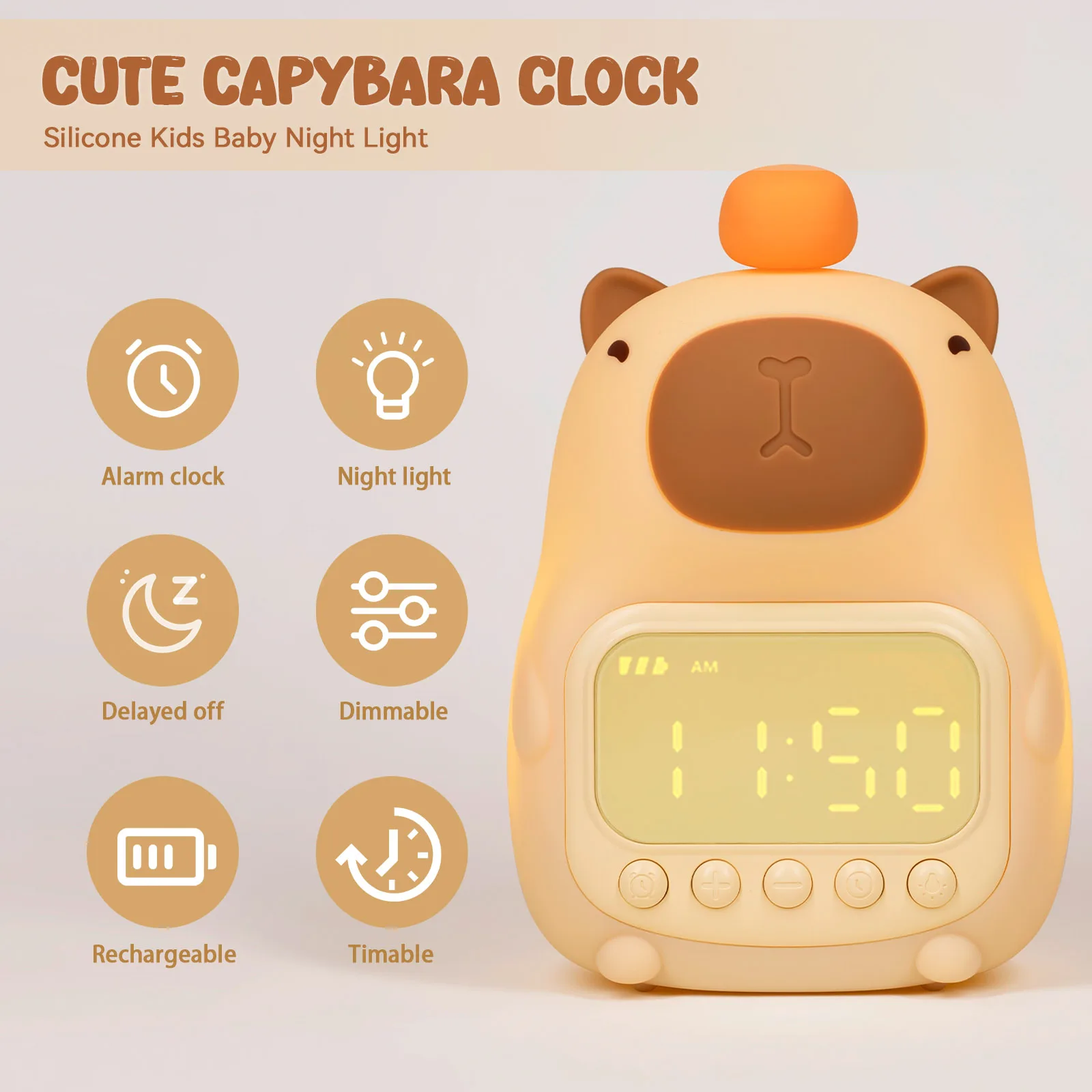 Cute Rechargable Kids Alarm Clock Night Light Touch Snooze Always-on Display Desktop Table Clock 12/24H Alarm Music LED Clock