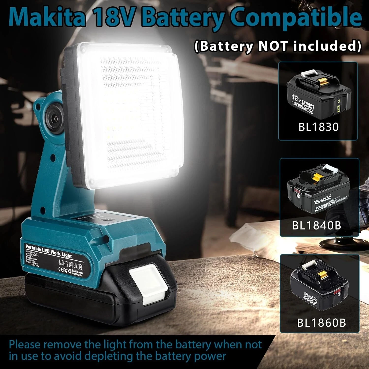 

Cordless LED Work Light 25W 1500LM for Makita 18V Lithium Battery Portable FloodLight Jobsite Light with 3 Light Modes with USB