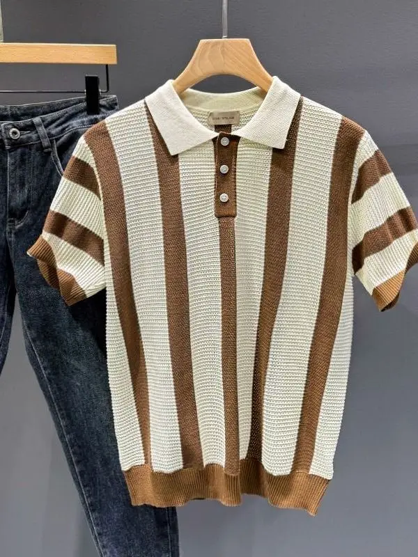 

High-End Summer Stripe ort Sve Knitted irt Men's Slim Fit Thin irt Breathable Hollow out Collar Casual Wear
