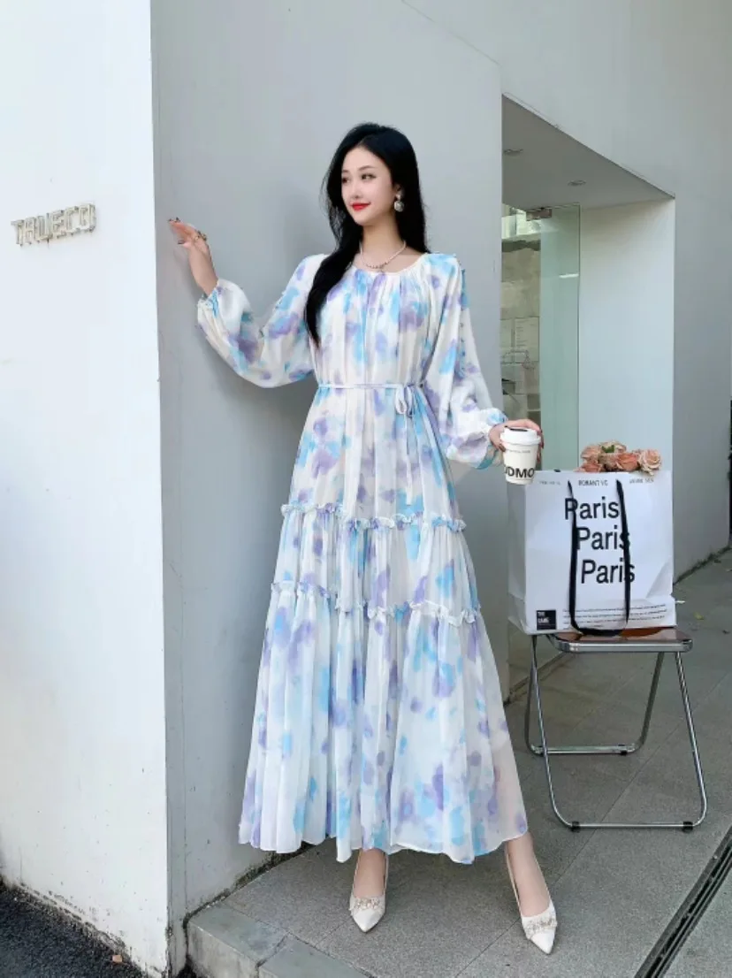 New European Romantic Gentle Style Temperament Long Sleeve Round Neck Waist Thin Printed Chiffon Pendulum Medium Dress Women