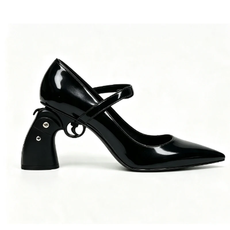 Women Black Patent Leather Shaped Heel Pumps Pointed Toe Mary Jane Strap High Heels Shoes Slip-On Graffiti Dress Party Shoes