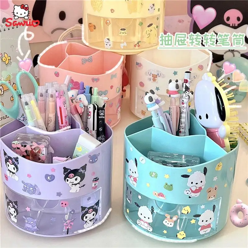 

Cartoon Sanrios Student Stationery Cinnamoroll Pochacco Kawaii Desktop Transparent Rotating Large Capacity Penholder Storage Box