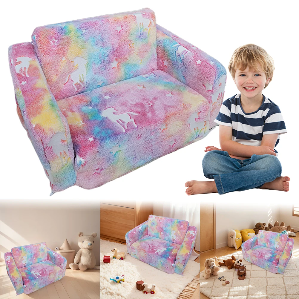 Comfy Toddler Chair Folding Out Glow in Dark Convertible Plush Foam Chair Star Glow in The Dark Toddler Couch for Girls and Boys