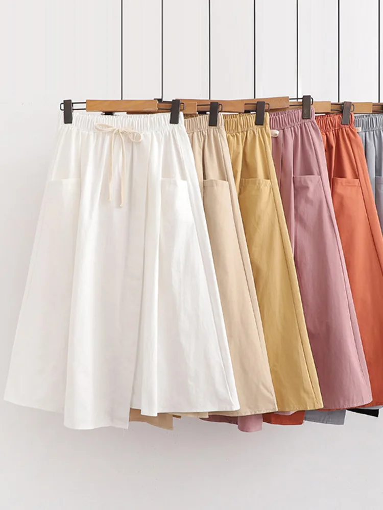 Elegant Summer A Line Skirts Women Fashion High Waist Korean Large Pocket With Drawstring Solid Color Casual Chic Skirt New