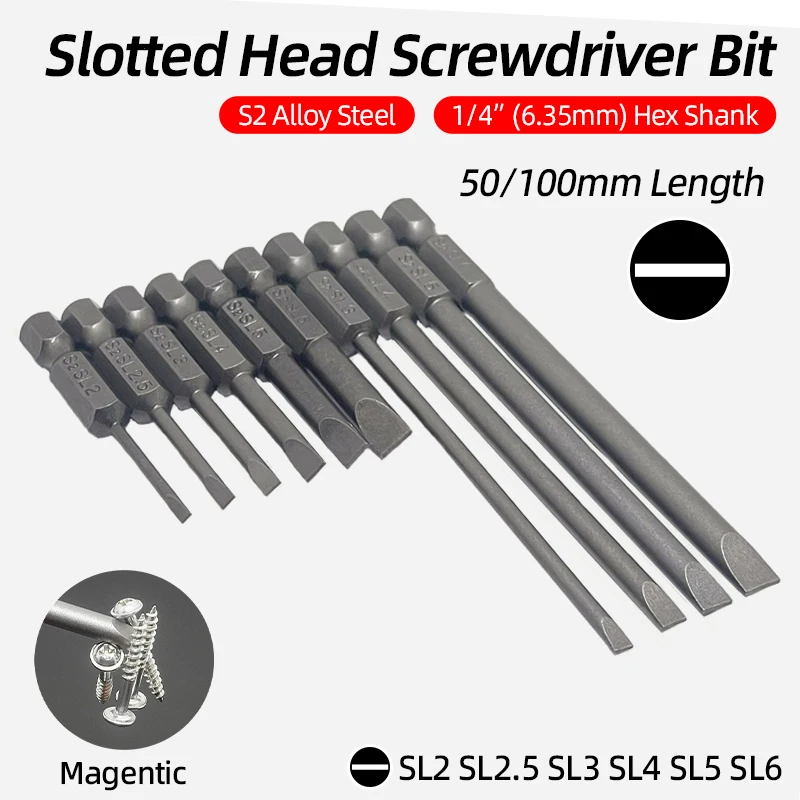 Flat Head Slotted Screwdriver Bits 50/100mm 2.0-6.0mm Magnetic Tip Screw Driver Drill Bit 1/4