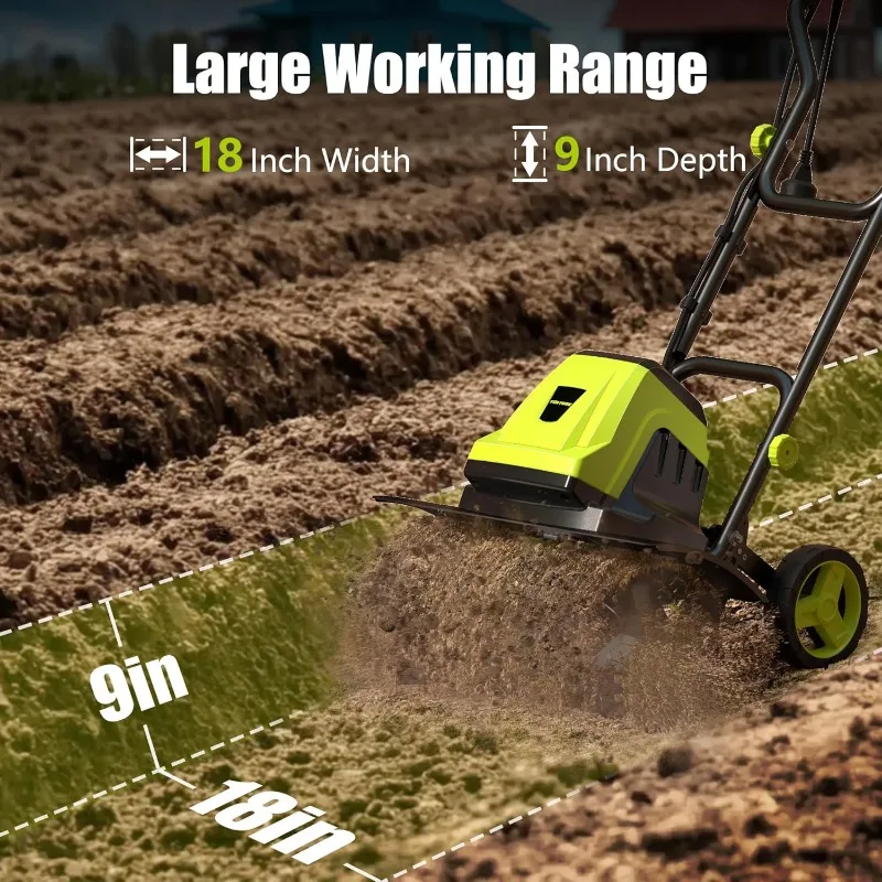 Cultivador elétrico com fio, 15-amp, 18 polegadas de largura, 9 polegadas de profundidade, 24 dentes de aço duráveis, leme de jardinagem com ajuste ajustável