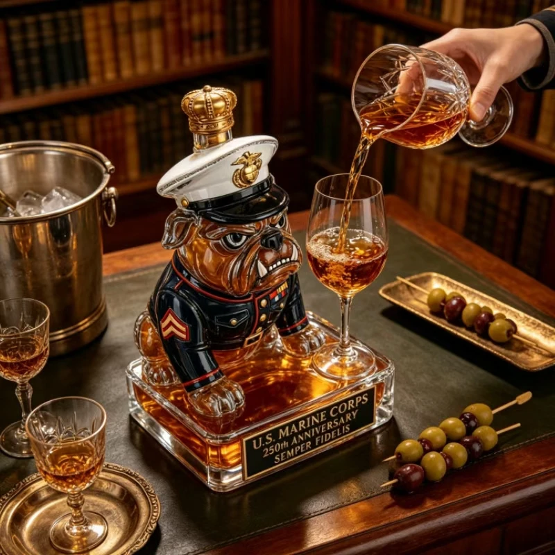 Premium Glass Whiskey Decanter with Bulldog Design, Military Style Liquor Bottle, Collectible Barware for Veteran Gifting