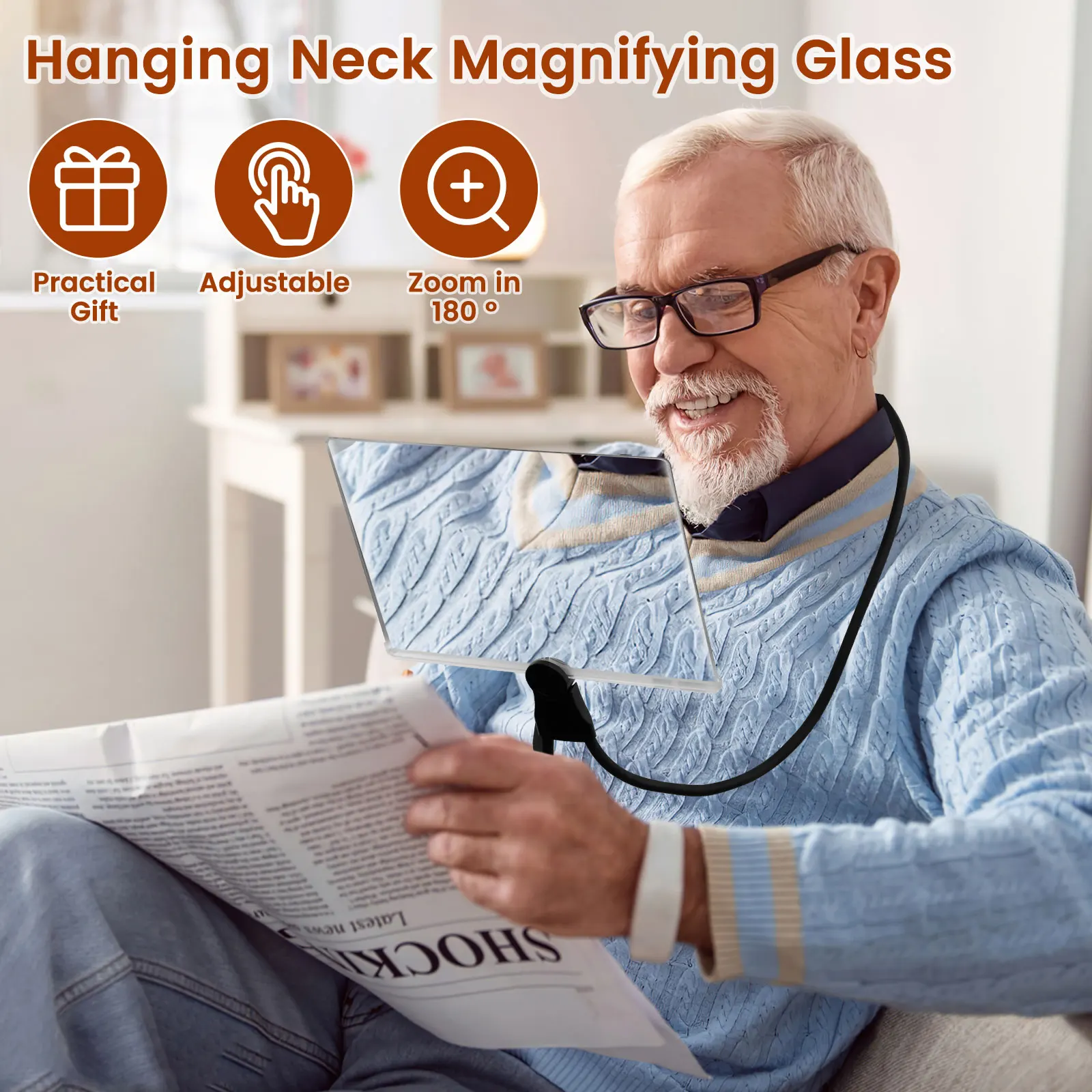 Hands Free Magnifying Glass Adjustable Neck Wear Magnifier 9.44×6.7inch Detachable Book Page Reading Magnifier for Seniors