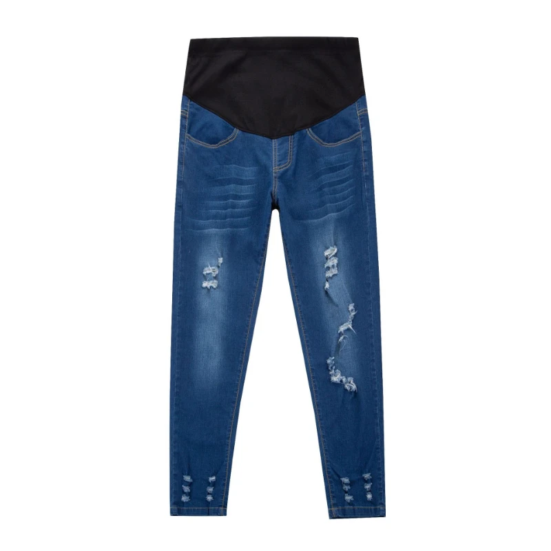Hot Sale Cotton Denim Maternity Skinny Jeans Ripped Holes Contrast Stitching Pockets Slim Pencil Pants for Pregnant Women view 2