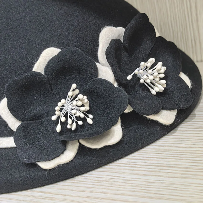 Women Flower Wool Felt Hat French Style Winter Beret Hats Fashion Vintage Millinery Top Hat Ladies Party Wedding Fedoras Chapeau