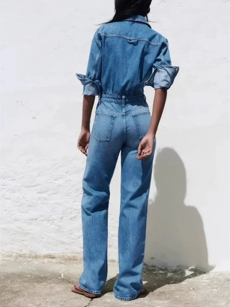 European And American Style Blue Denim High Waisted Jumpsuit Women'S Spring And Autumn Collar Casual Fashion Pants Straight Leg