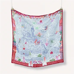 Twill Silk Scarf Woman Castle Painting Square Scarves Wraps Bandana Small Hijab Silk Foulards Tie Headband Neckerchief 53CM