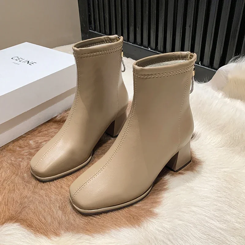 Simplified women's short boots 2024new French high heels retro waterproof table white square toe short tube women's single boots