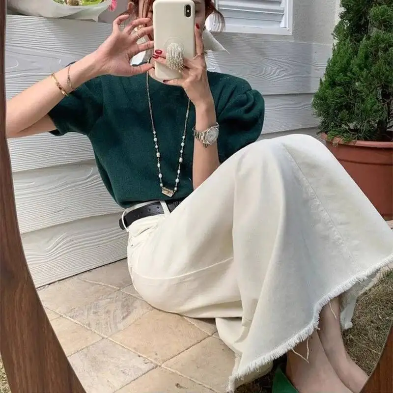 أنيقة عالية الخصر ألف خط طويل المرأة الخريف خمر حافة الخام الدنيم التنانير الكورية عادية كل مباراة فضفاض الأبيض تنورة سيدة #3