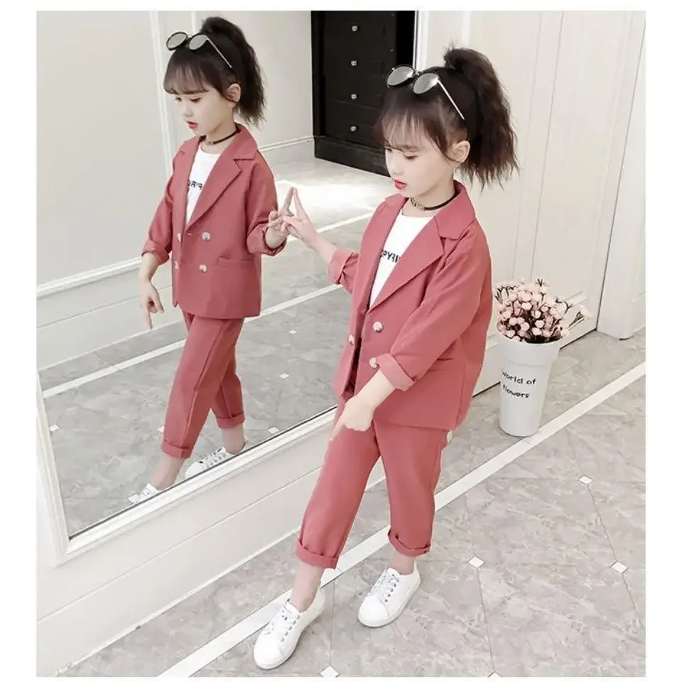 2pcs/Suits Children's Clothing From 2 To 12 Years Coat+Pants Girls' Sets Double Breasted Solid Causal Loose Turndown Collar