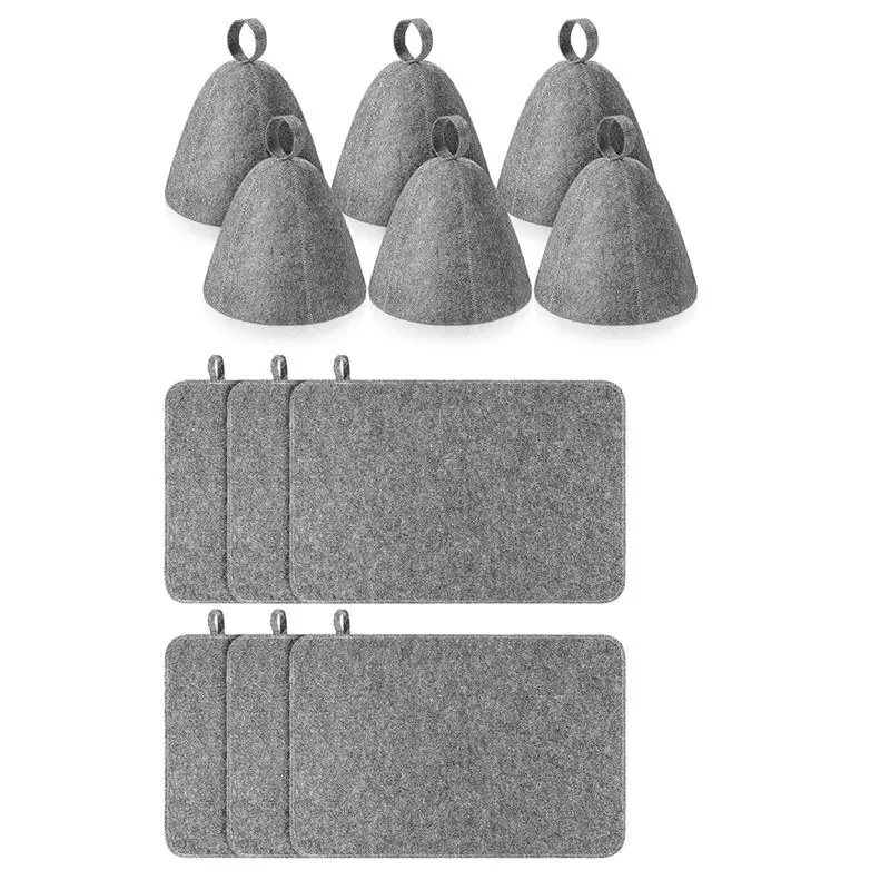 

AEE4-12 Pieces Sauna Accessories 6Pcs Felt Sauna Hat 6Pcs Heat Insulation Sauna Mat Absorbent Head Protection Vaporarium Hat