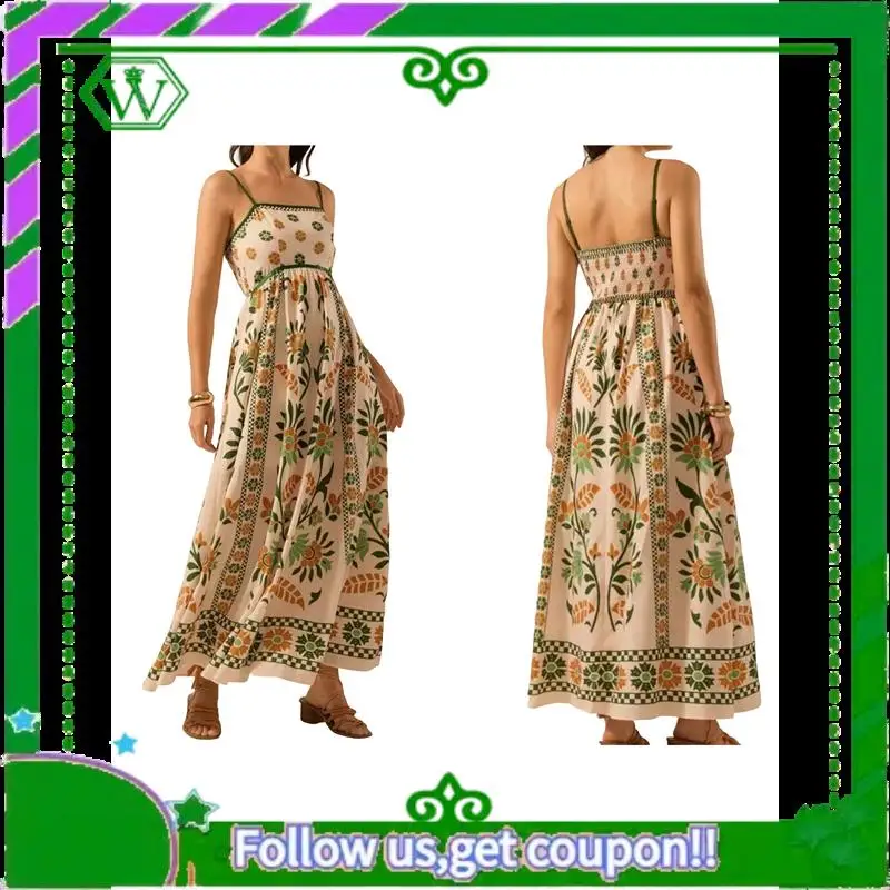 A18P-สตรี 2025 ฤดูร้อนดอกไม้Maxiชุดสปาเก็ตตี้พิมพ์Smocked Boho Beachชุดยาว