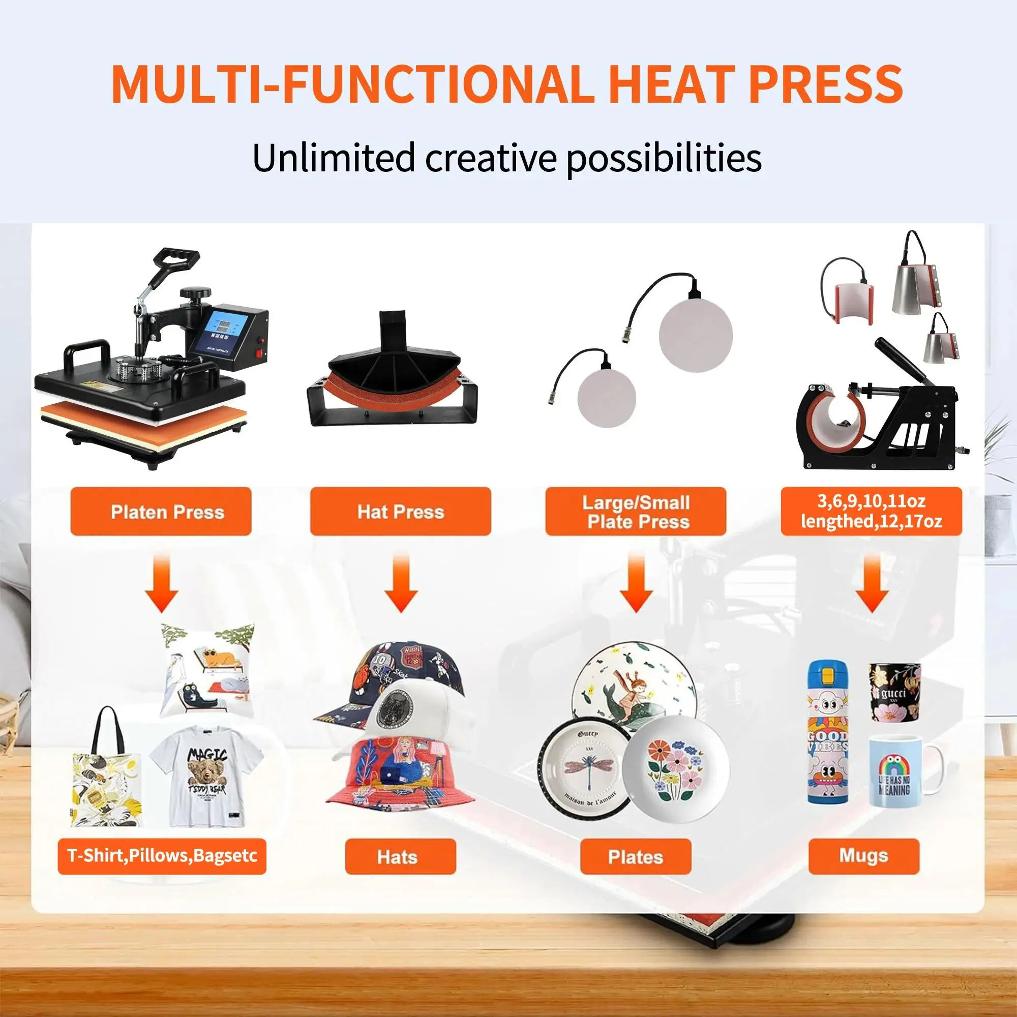 Combo Heat Press Machine4/5/6/7/8 in 1 30*38CM  Muntifunctional Sublimation Printer Transfer for Mug Hat Plate T-Shirt