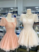 Vestido elegante de encaje de estilo dulce francés con mangas abullonadas para mujer Y2k, bonito diseño de lazo, vestido de verano a la moda para mujer, vestido de fiesta de princesa nuevo