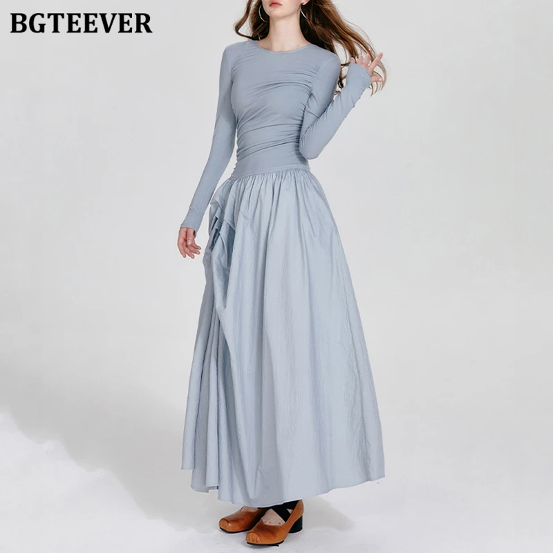 BGTEEVER Stylish O-neck Long Sleeve Female A-line Dress Autumn Fashion Slim Waist Pockets Women Mid-Length Dress