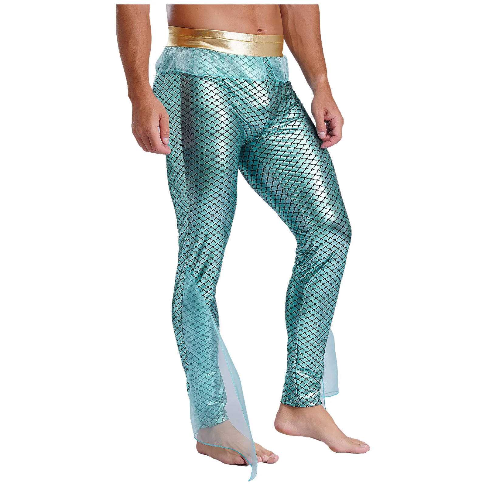 Calça sereia estampada em escala de peixe masculina, traje Halloween, rei do mar de Netuno, mitologia