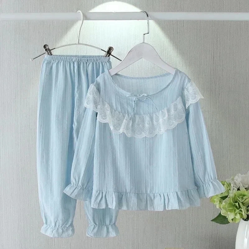 Spring Autumn Children Thin Home Clothes Cute Princess Style Girls Long Sleeve Pajamas Baby Girl Cotton and Linen Two-piece Set