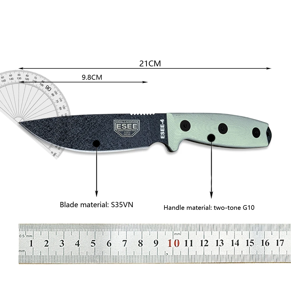 Military ESEE-4 Fixed Knife S35VN Black Plain Blade Machined Two-color G10 Handles with Kydex Sheath Tactical Hunting EDC Tool