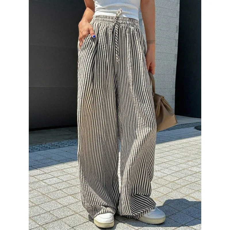 

Plus Size 1XL-5XL Women's Fashion Comfortable Striped Drawstring Casual Pants Loose Stretch Mid Waist Tracksuit Pants