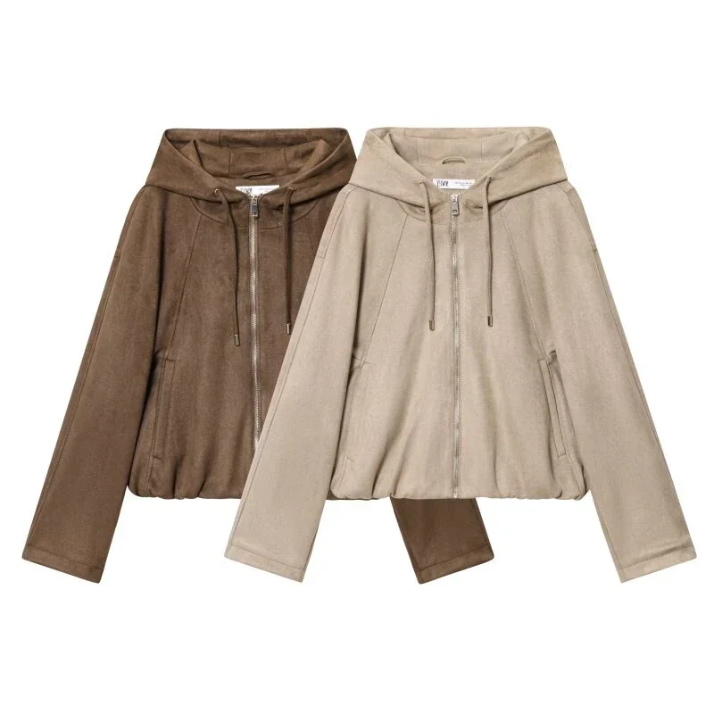 Piloten-Kapuzenjacke für Damen, Wildleder-Oberfläche, warmer Reißverschlussmantel, lässig, mit Kapuze, modisch, volle Ärmel, lockere Passform, Streetwear-Oberteil