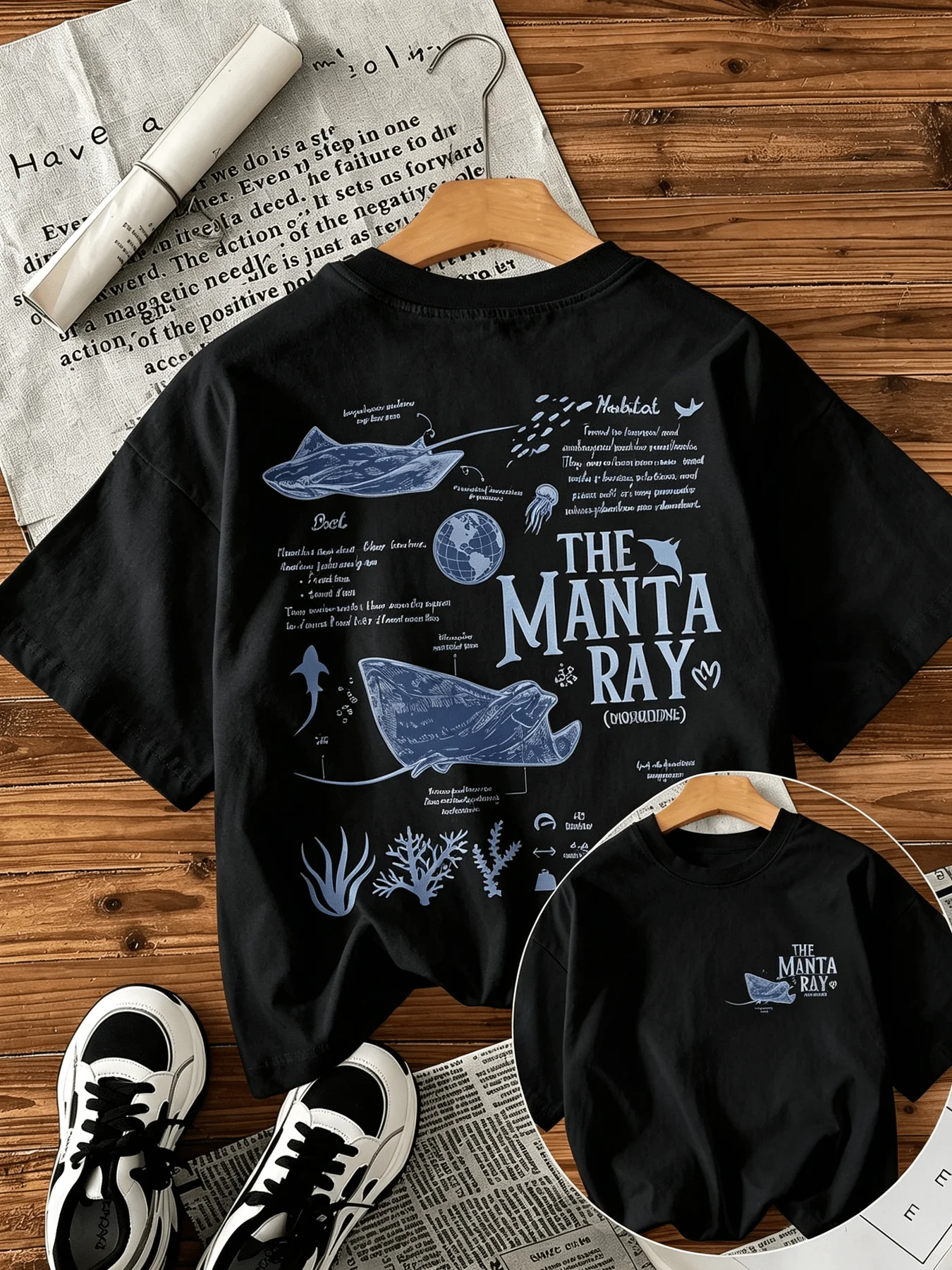 Manta-Rochen-Meerbiologie-Wissenschaftsbildungs-Print Damen Kurzarm-T-Shirt Sommer Neu Rundhals Locker Lässiges Oberteil – Detail 2