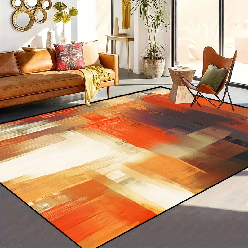 

1pc Vibrant Abstract Area Rug - Machine Washable Polyester, Warm Orange & Beige Geometric Pattern, Perfect for Living Room, Bedr