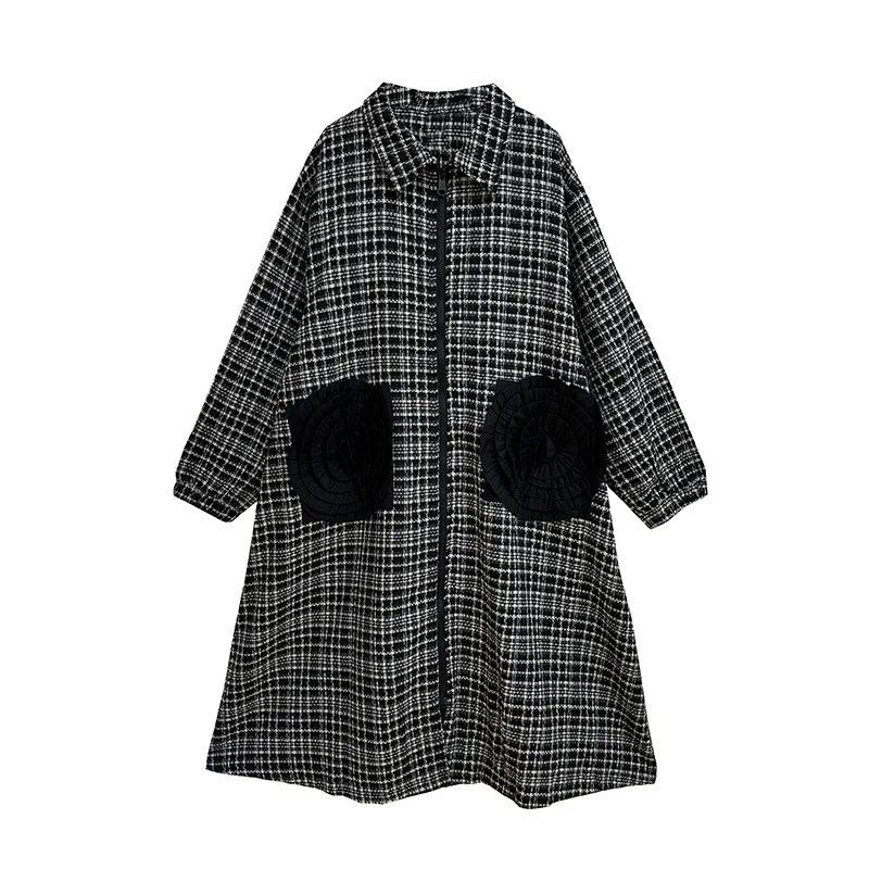 

Autumn vintage long sleeved trench coat for women, checkered patchwork women's jacket, loose and fashionable jacket 2025 new