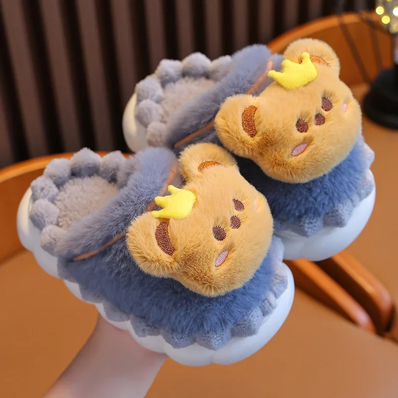 2024 New Winter Children\'s Fluffy Slippers Cute Little Bear Non-slip Soft Slides Boys Warm Indoor Mule Kids Home Cotton Shoes