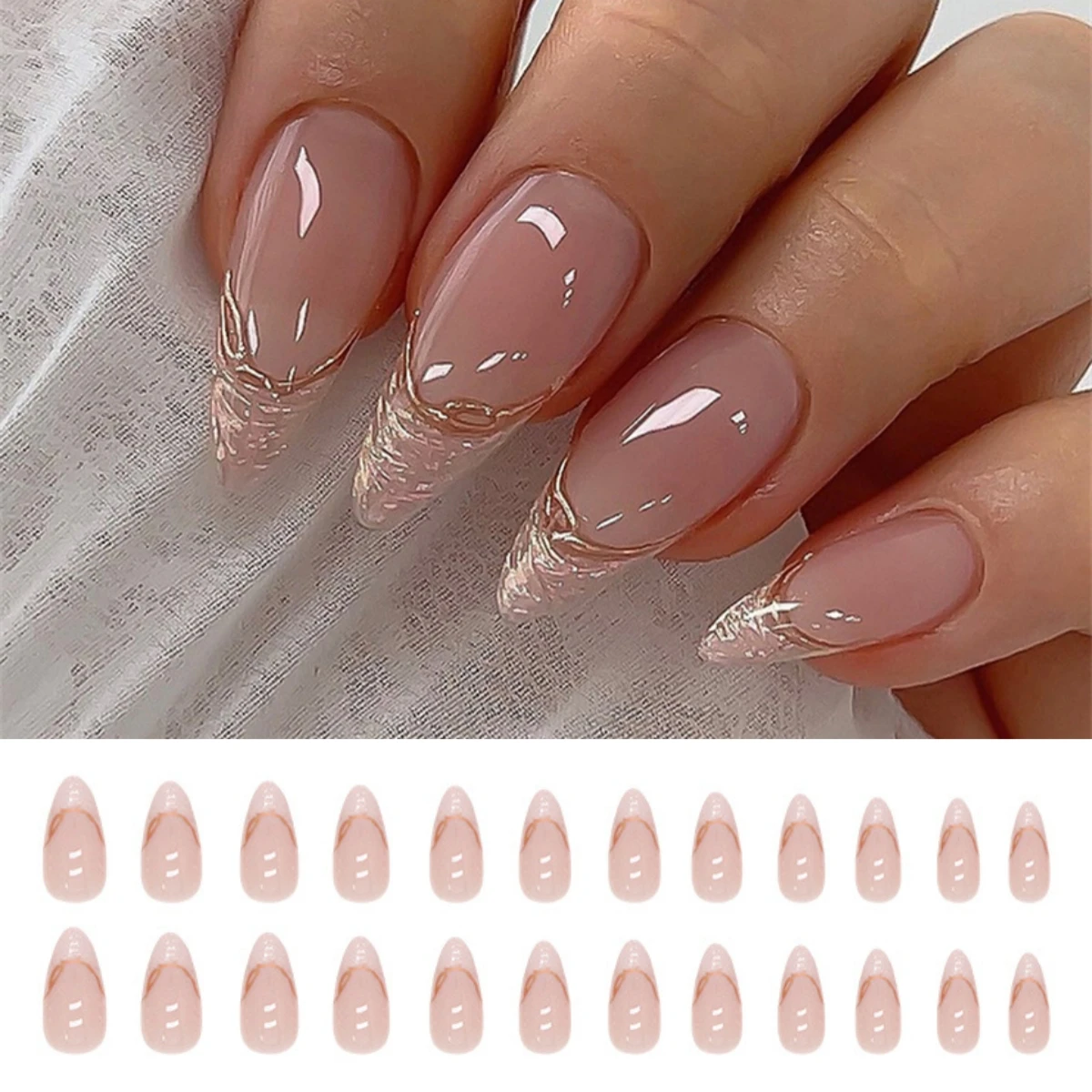 24Pcs/Set Simple Pink Wearing False Nail Tips Glitter Silver Powder Embellishment Acrylic Fake Nail Art Removable Press on Nails