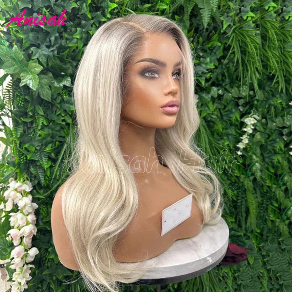 Brazilian Remy Hair Ombre Dark Root Ash Blonde Glueless Human Hair Lace Frontal Wig Transparent Lace Closure Wigs Pre Plucked