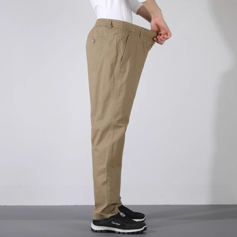 100% Cotton Men's Solid Color Outdoor Casual Pants, with Elastic Waist and Loose Straight Leg Design.2024 High Quality L-5XL