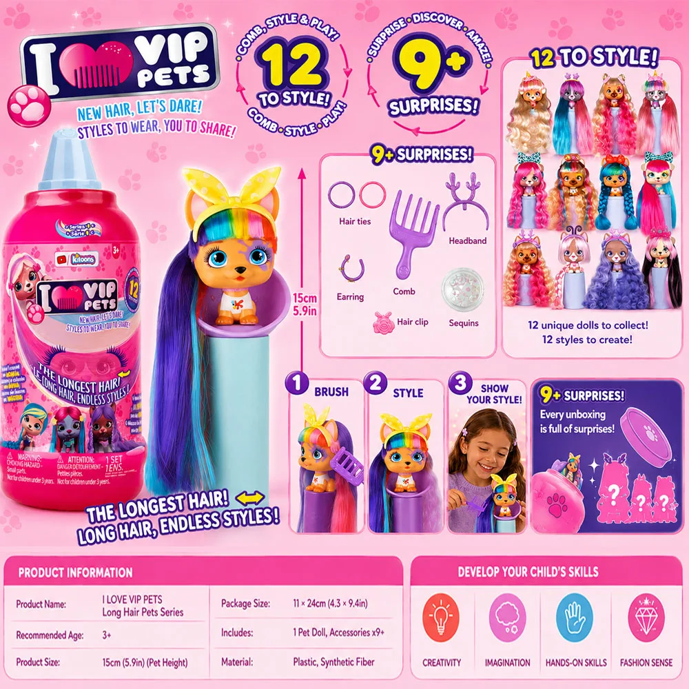 VIP Pets Long Hair Doll Surprise Toy for 9+ Surprises Inside DIY Hair Styling Fashion Pet with  Collectible Toy view 6