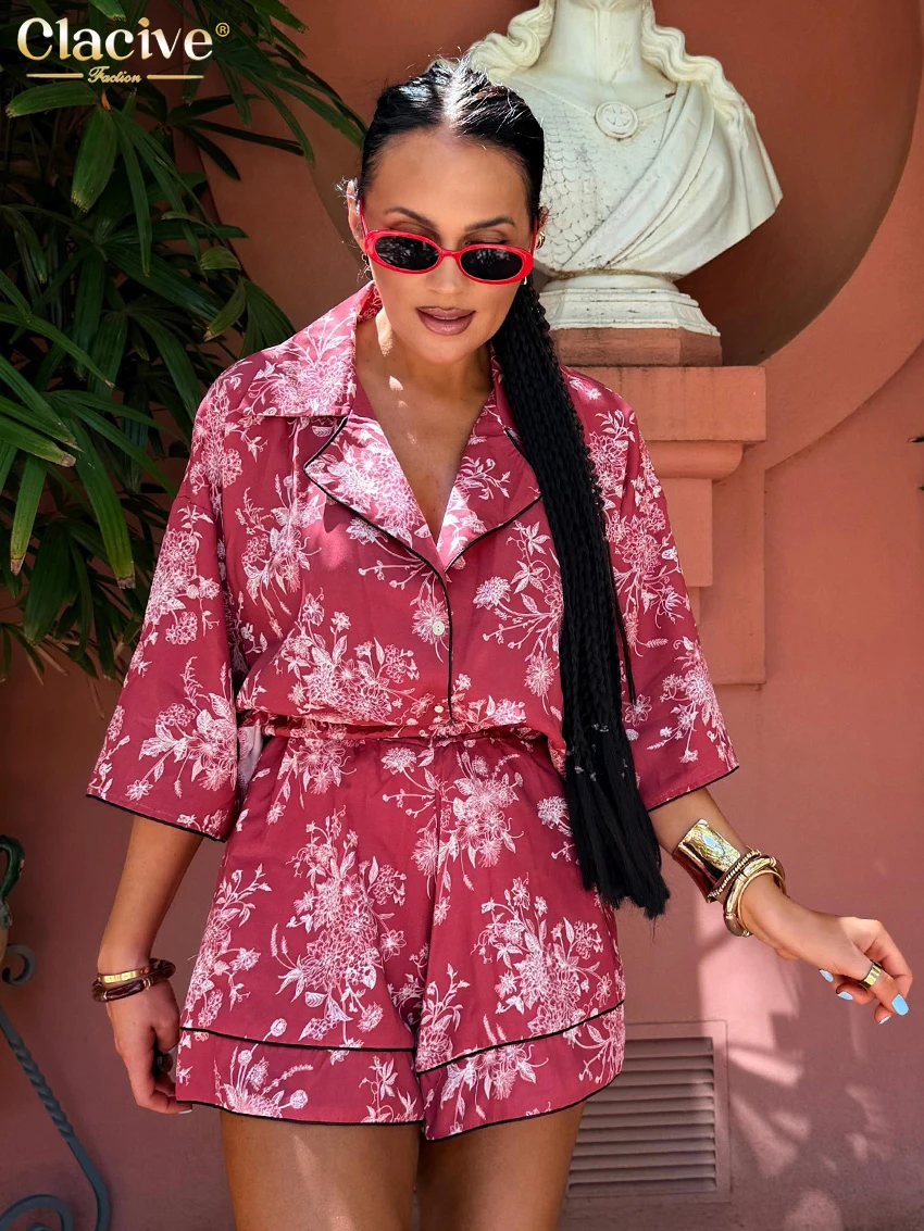 Clacive Fashion Loose Print Women's 2-Piece Sets 2026 Elegant Long Sleeve Blouse With High Waist Shorts Set Female Clothing