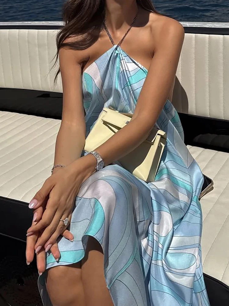 Abito maxi irregolare con stampa patchwork retrò, abito da festa casual senza maniche primavera estate da donna, abito da donna sexy senza schienale con scollo all'americana