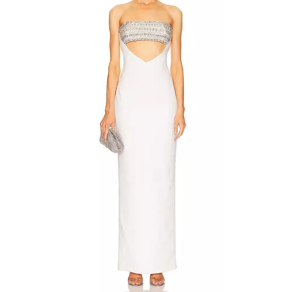 

Women's White Diamond Studded Strapless Bandage Dress, Evening Gown, Women's High-End Banquet Diamond Dress