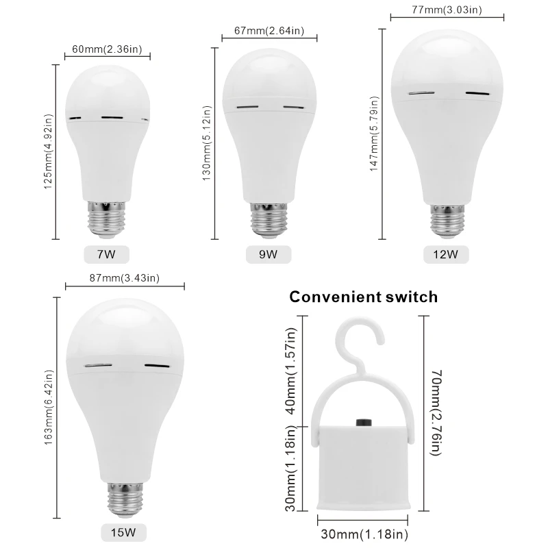 Lâmpada LED Recarregável para Casa, Lâmpada de Emergência, Falta de Energia, Camping, Alpendre, Jardim, Lâmpada, 7W, 9W, 12W, 15W, E27, 1200mAh,