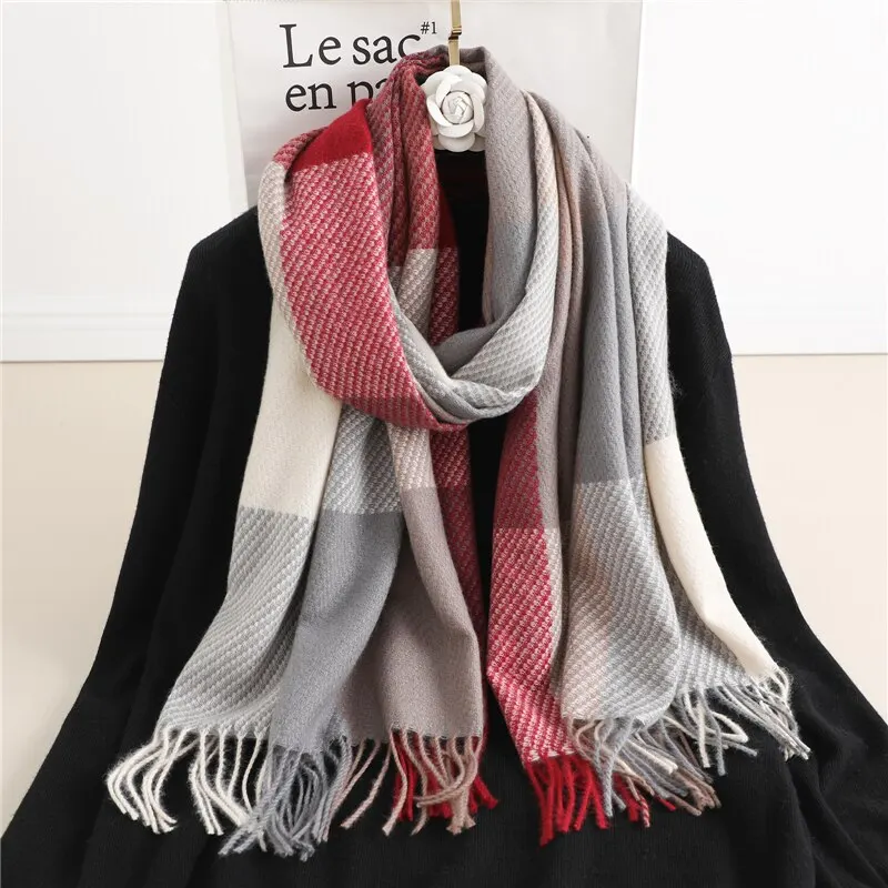 Écharpe de Luxe en Cachemire pour Femme, Châle Élégant et Chaud, Imprimé à Carreaux, Pashmina Bufanda avec Pompon, Couverture de Voyage, Nouvelle